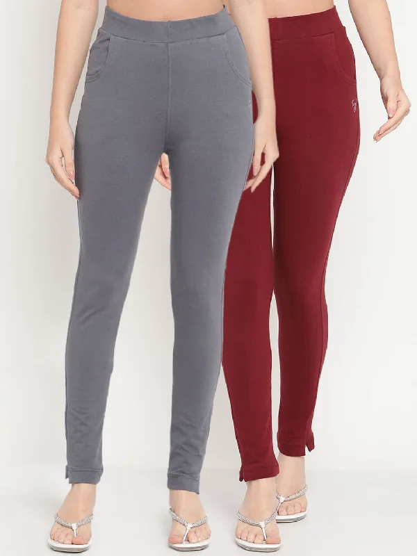 TAG 7 Women Set of 2 Maroon & Grey Ankle Length Leggings Comfortable Plus Size Leggings