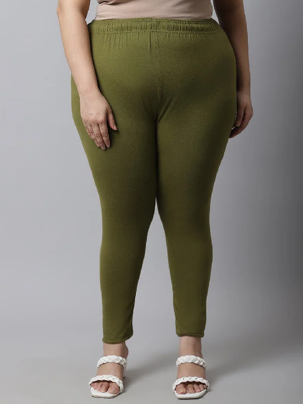 TAG 7 Women Plus Size Olive Green Solid Ankle-Length Plus Size Leggings Trendy Sporty Compression Leggings