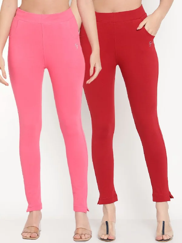 TAG 7 Set Of 2 Pink & Red Solid Leggings Trendy Seamless Fit Leggings