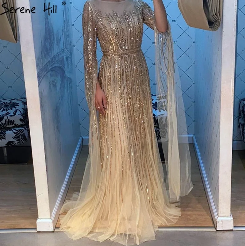 Serene Hill Luxury  Gold  Beading A-Line  Cape Sleeves Evening  Gown For Woman Dresses 2024 Fromal Dress  LA70637 Crew Neckline Casual