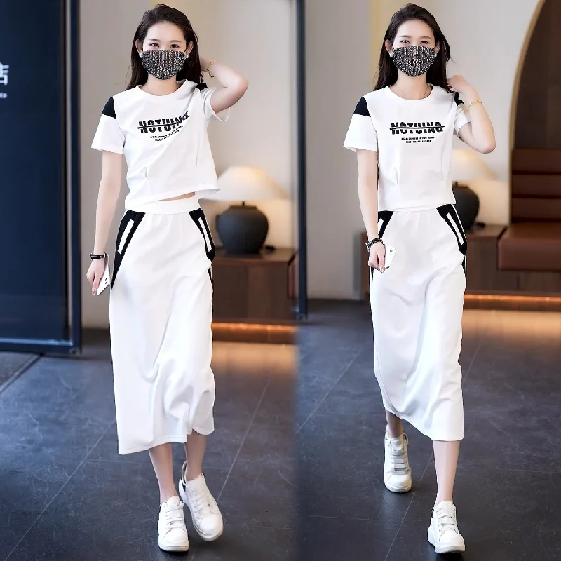 Fashion Casual Style Suit Women's Summer Commute Simple Short-Sleeved T-shirt Skirt Two-Piece Set  Summer Wear Suit Suit-- Front Pockets Side Pockets Patch Pockets