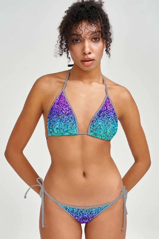 Ultraviolet Lara Purple Glitter Triangle String Bikini Top - Women Shiny bikini, Metallic fabric, Sexy, Beachwear