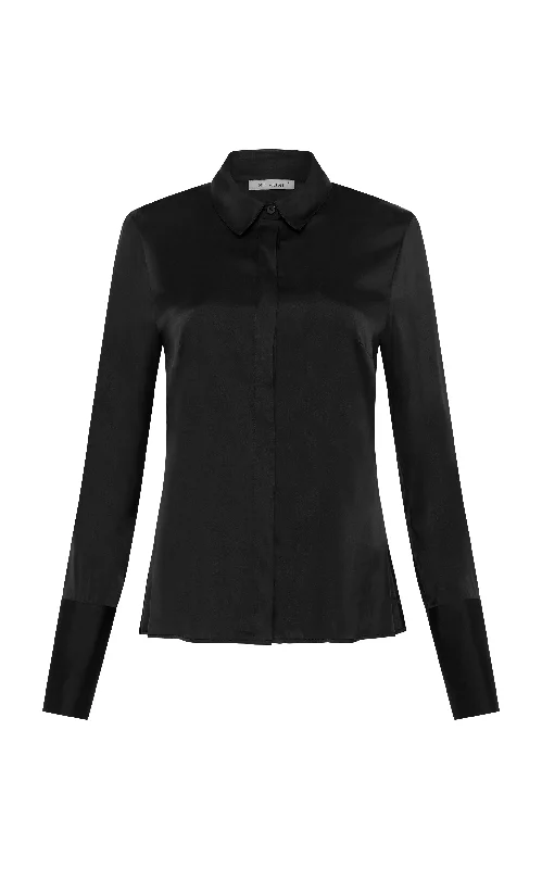 Soft Silk Shirt - Black-- Solid Print Embellished