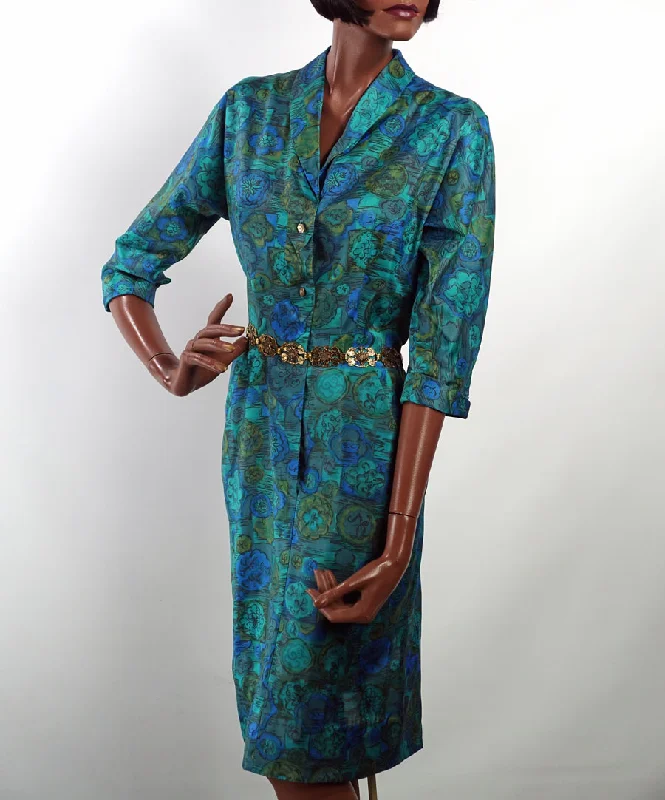 Women's 50s Fitted Sheath Dress Vintage Silky Blue Green Print M/L VFG McArthur Shift Classic Vintage