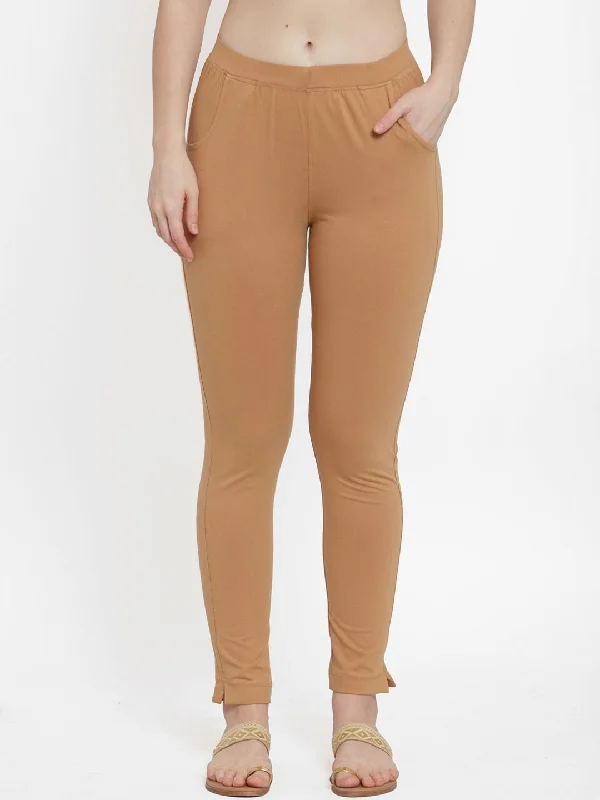 TAG 7 Women Beige Solid Ankle-Length Leggings Comfortable Slip-On Compression Leggings