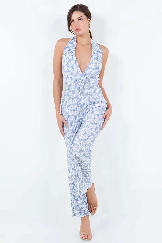 Printed Deep V Halter Neck Jumpsuit Back tie jumpsuit, Elegant, Feminine, Comfortable