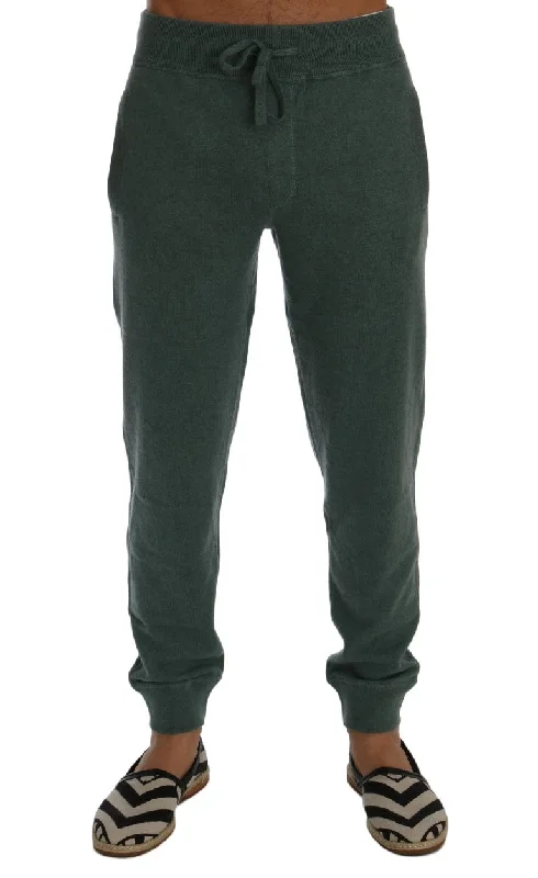 Elegant Green Cashmere Sport Pants Modern Stretch Trousers