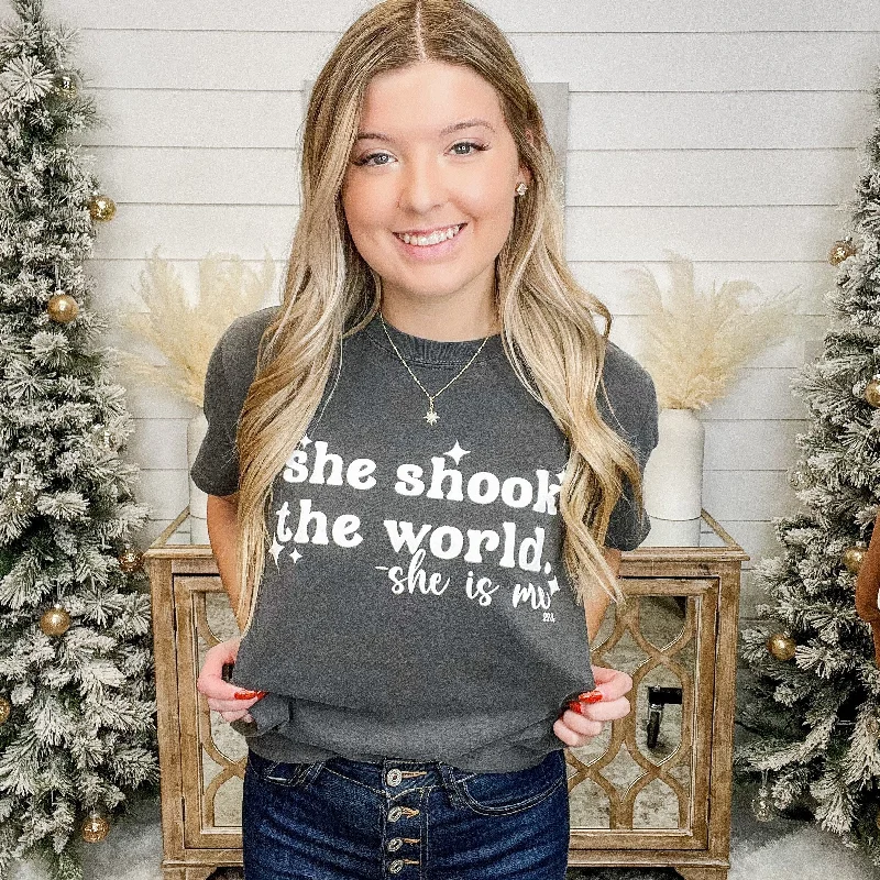 Shook the World Cotton Short Sleeve Charcoal Graphic Tee Shirt-- Spandex Blend Rayon Blend Denim Blend