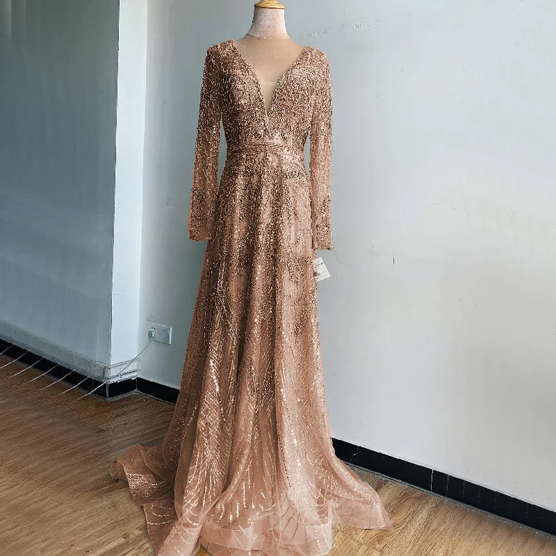 On Sale  no return no refund Gold A-Line V-Neck Luxury Sexy Evening Dresses 2024 Pearls Crystal Long Sleeves Fromal Gown Serene Hill LA70287L Boatneck Modish Everyday