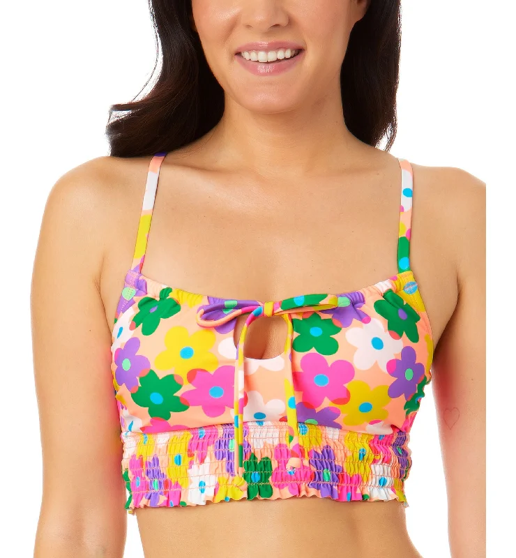 Juniors' Pressed Floral Smock-Front Cami Bikini Top Bikini with tassels, Fun design, Beachwear, Trendy