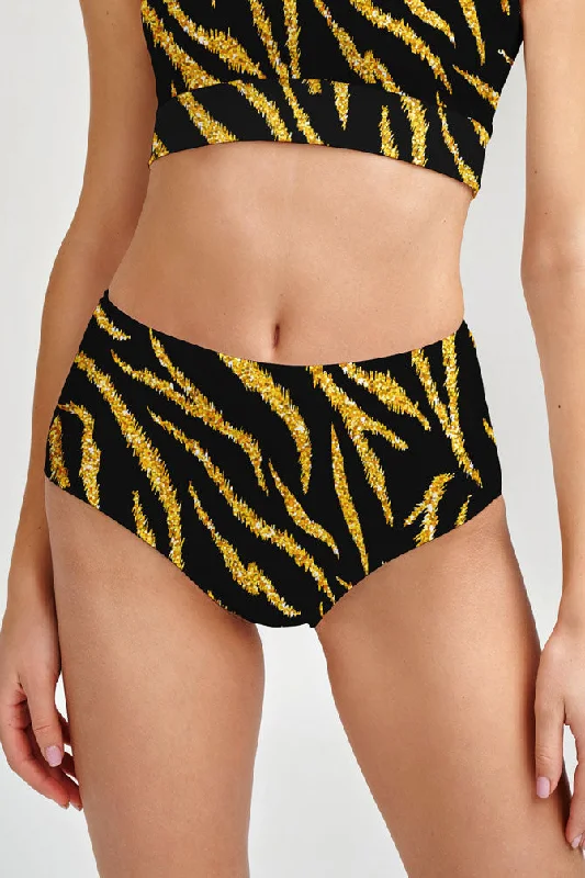 Roarsome Cara Black Gold Tiger Printed Hipster Bikini Bottom - Women Minimalist bikini, Simple, Sleek, Fashionable