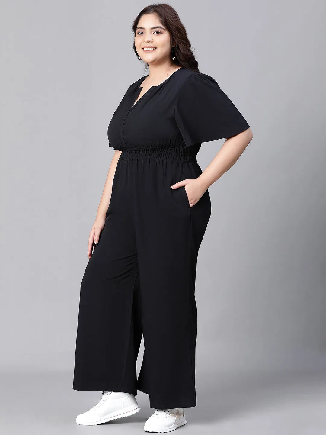 Women Plus Size Solid Black  V-Neck Elasticated Jumpsuit-W23005POV002 Wide leg jumpsuit, Relaxed fit, Chic, Comfortable