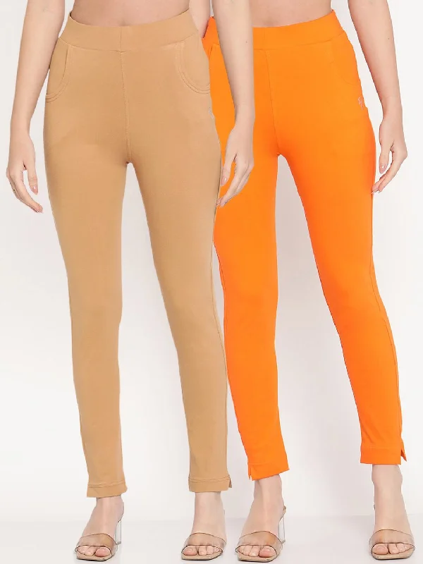 TAG 7 Set Of 2 Beige & Orange Solid Leggings Trendy Spandex Leggings