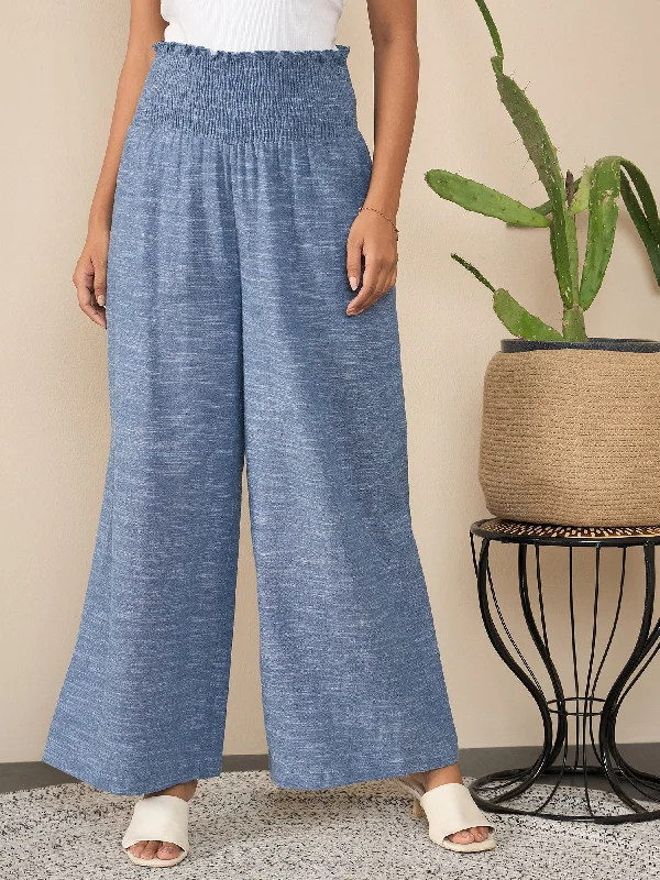 Blue Polyester Crepe Self Design Smocked Waist Pants Trendy Palazzo Pants