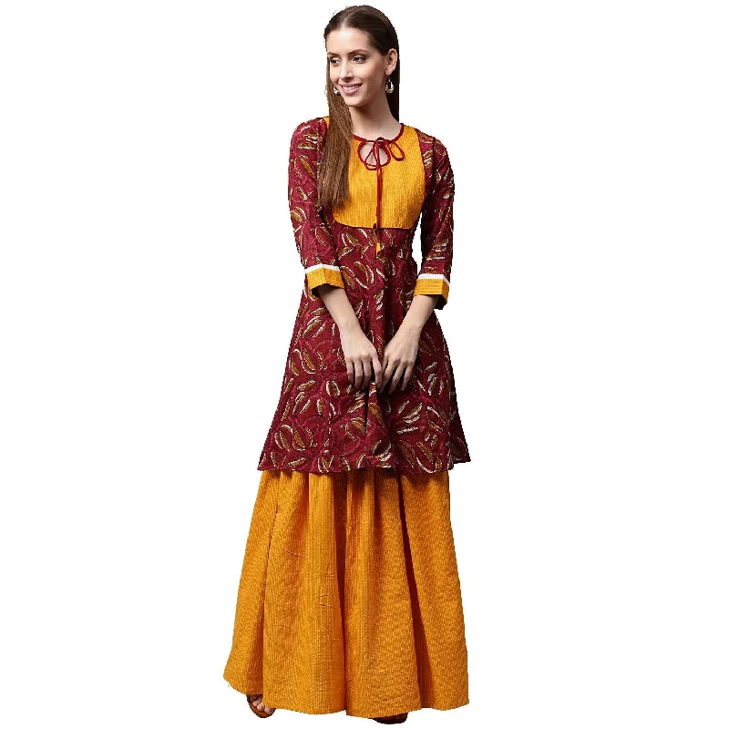 NOZ2TOZ Red Printed 3/4Th Sleeve Cropped Anarkali Kurta With Yellow Printed Skirt denim skirt classic