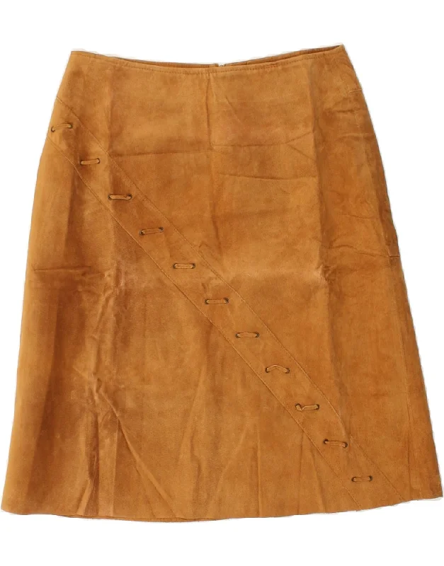 VINTAGE Womens Suede A-Line Skirt Large W32 Brown Leather button skirt front