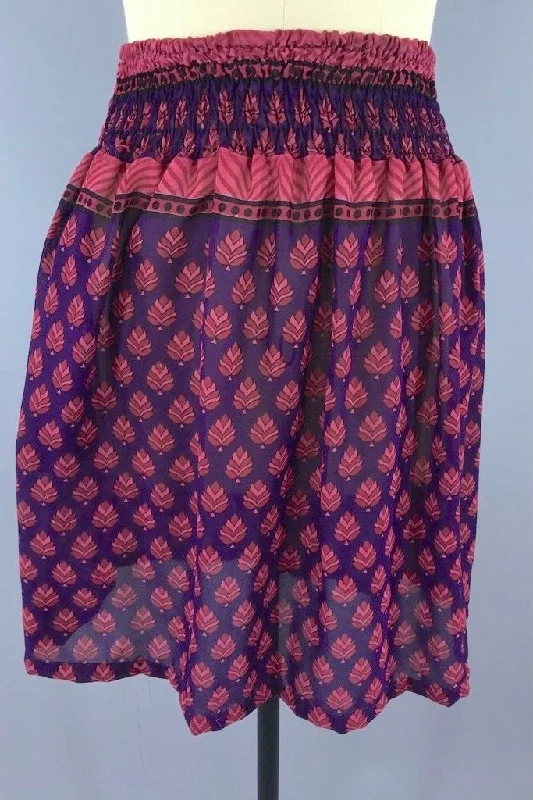 Indian Chiffon Sari Skirt - Purple & Red Leaf Print silk skirt sleek