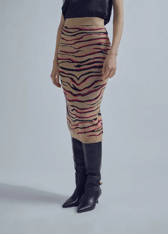 Animal print midi knit skirt high slit skirt