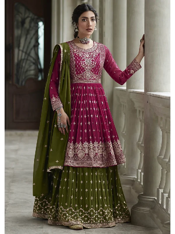 Myra Mehendi and Rani Georgette Skirt Style Embroidered Suit flowy skirt hem