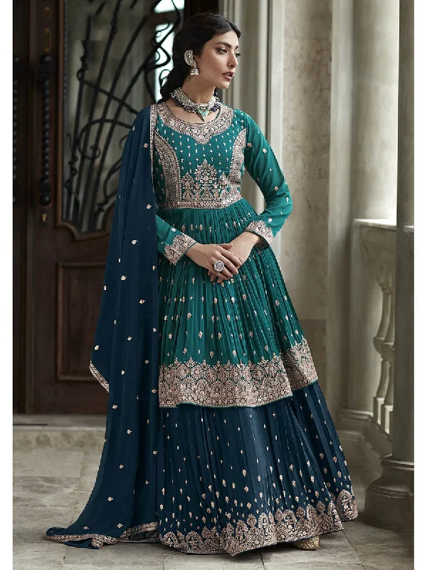 Myra Navy and Firozi Georgette Skirt Style Embroidered Suit cotton skirt soft