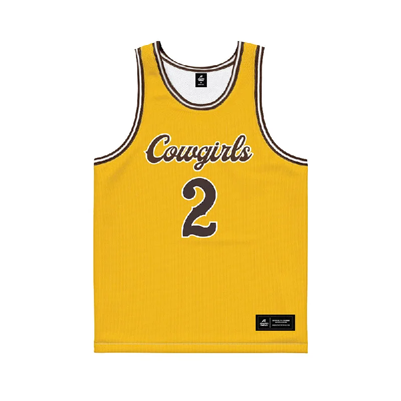 Wyoming - NCAA Women's Basketball : Emily Mellema - Gold Basketball Jersey Off Shoulder Jersey Top