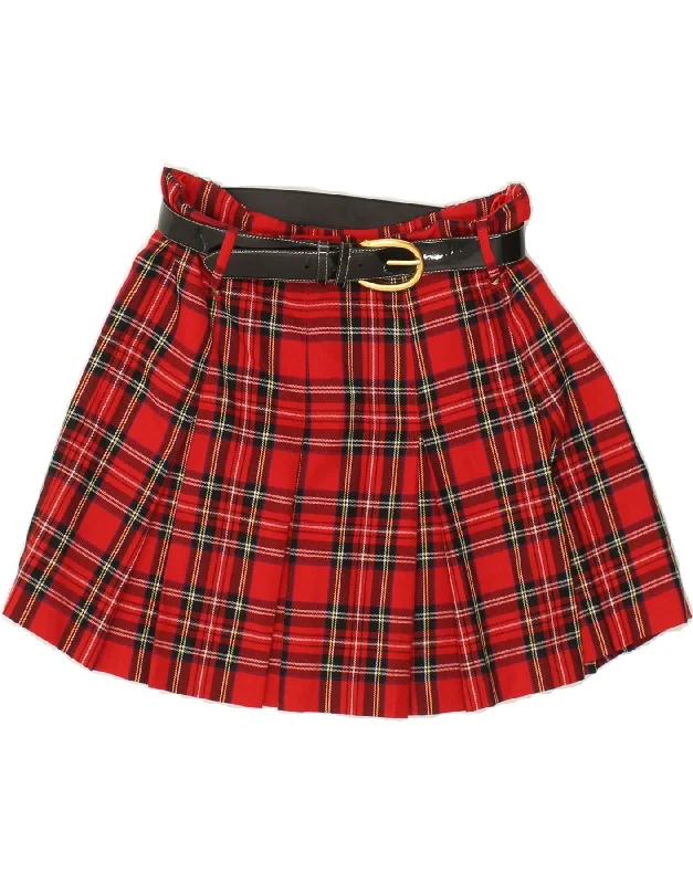 JOHN F GEE Womens A-Line Skirt UK 10 Small W28 Red Plaid Polyester wool skirt breathable