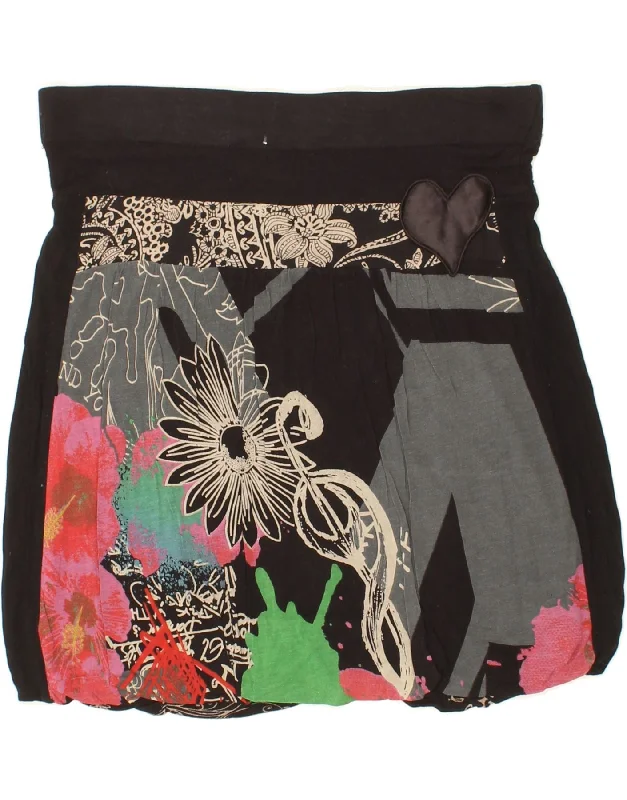 DESIGUAL Womens Graphic Bubble Skirt Large W32 Black Floral Viscose boho skirt vibe