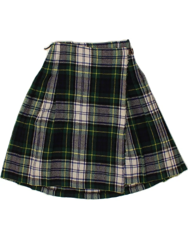 VINTAGE Womens Wrap Skirt EU 34 XS W24 Green Plaid Wool cotton skirt soft