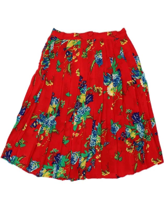 VINTAGE Womens Pleated A-Line Skirt IT 46 Large W28 Red Floral Viscose wrap skirt elegant