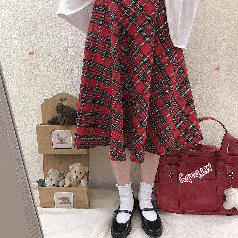 Red plaid skirt PL21118 low waist skirt