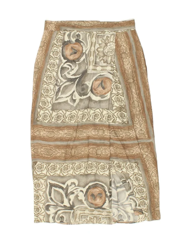 VINTAGE Womens Midi Skirt UK 14 Medium W28 Beige Floral Viscose denim skirt fashionable