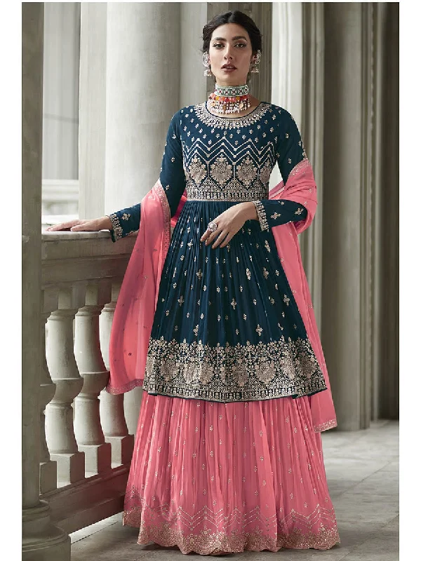 Myra Navy and Pink Georgette Skirt Style Embroidered Suit spandex blend skirt