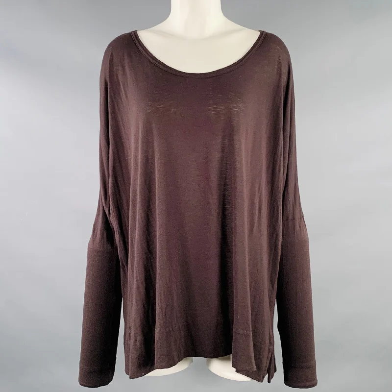 ANN DEMEULEMEESTER Size M Brown Jersey Scoop Neck Casual Top Silver Jersey Tee