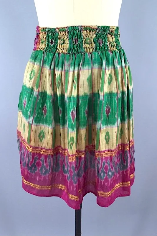 Green Ikat Print Indian Silk Sari Skirt chiffon skirt lightweight