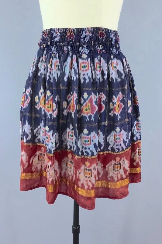 Indian Sari Skirt - Blue Elephant & Bird Print denim skirt casual