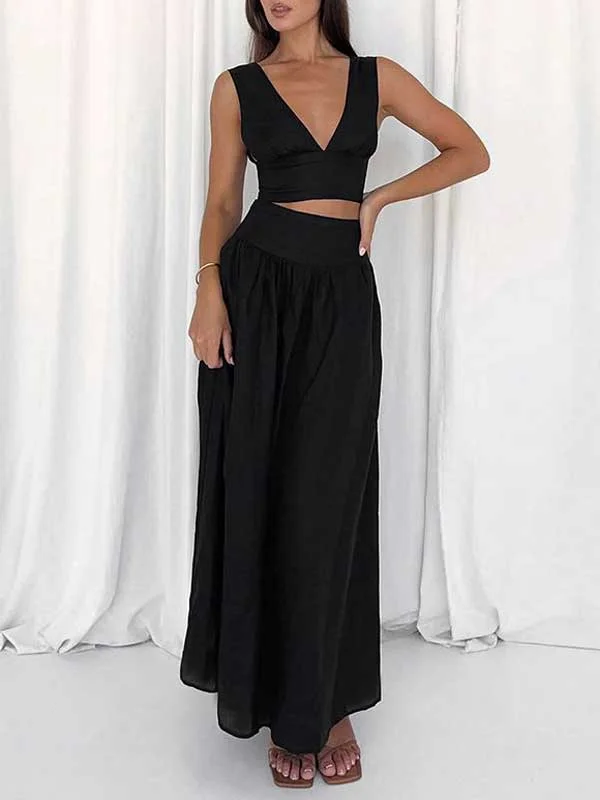 V Neck Top & High Waist Skirt Set zip skirt side