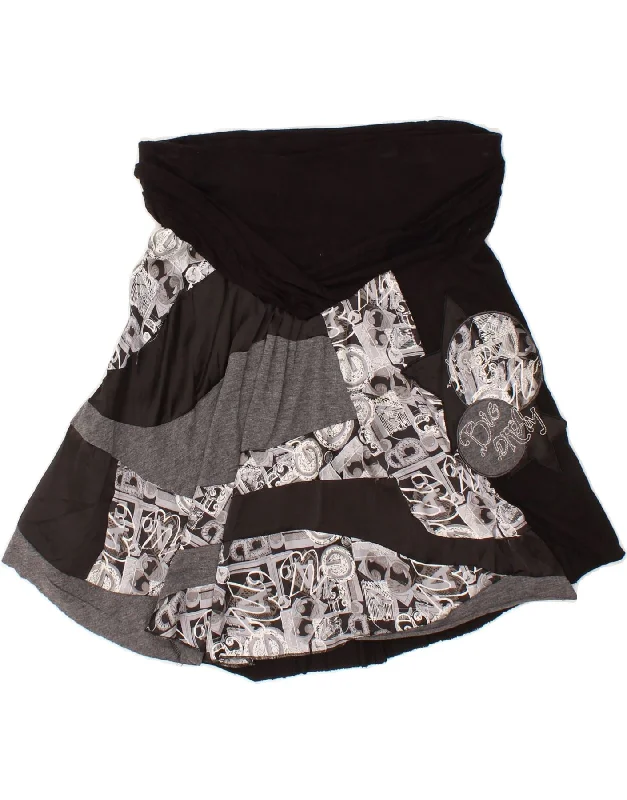 DESIGUAL Womens Graphic A-Line Skirt Large W34  Black satin skirt smooth