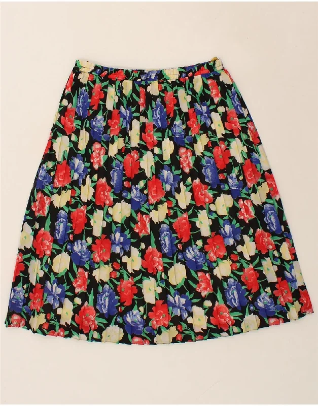 VINTAGE Womens Pleated A-Line Skirt IT 42 Medium W28 Black Floral corduroy skirt comfortable