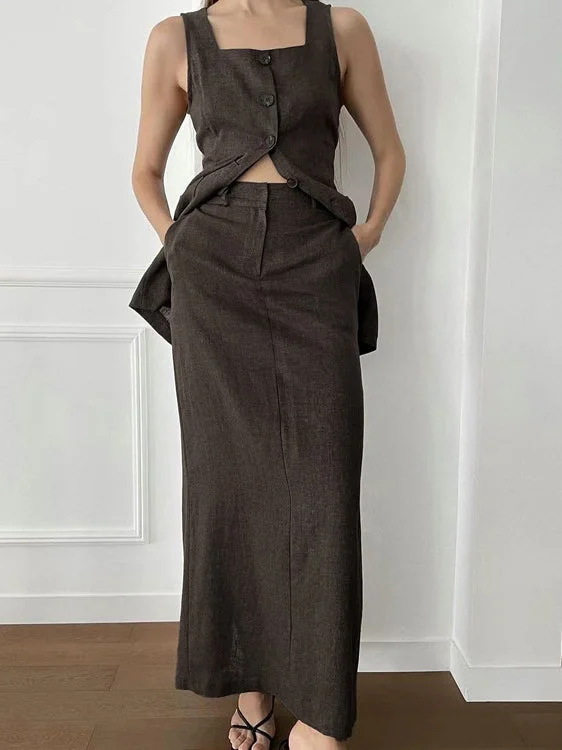 Square Neck Vest Top & Maxi Skirt Set high slit skirt