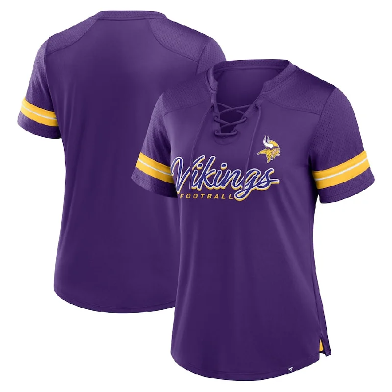 Minnesota Vikings Women's Lace-Up Rhinestone V-Neck Jersey Tee Modern Jersey Tee