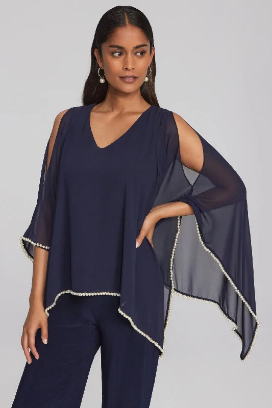 Joseph Ribkoff 241715 Navy Chiffon & Jersey Poncho Top Branded Jersey Tee