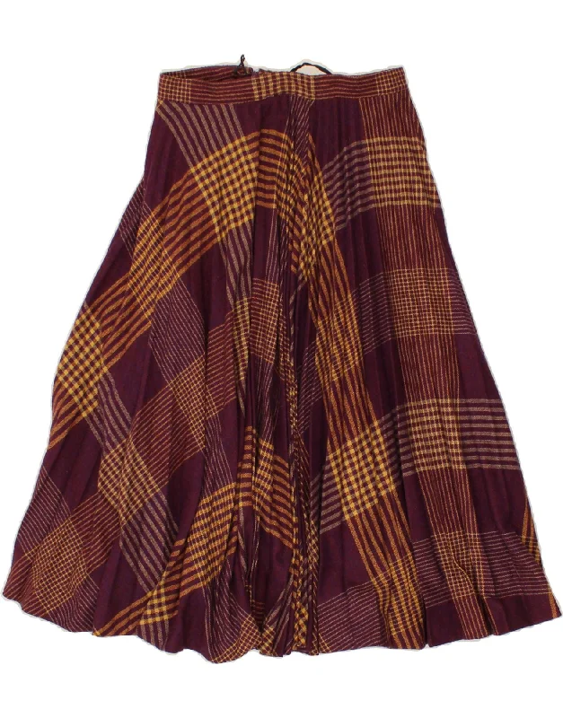 VINTAGE Womens Pleated A-Line Skirt W25 XS Maroon Plaid Polyester zip skirt side