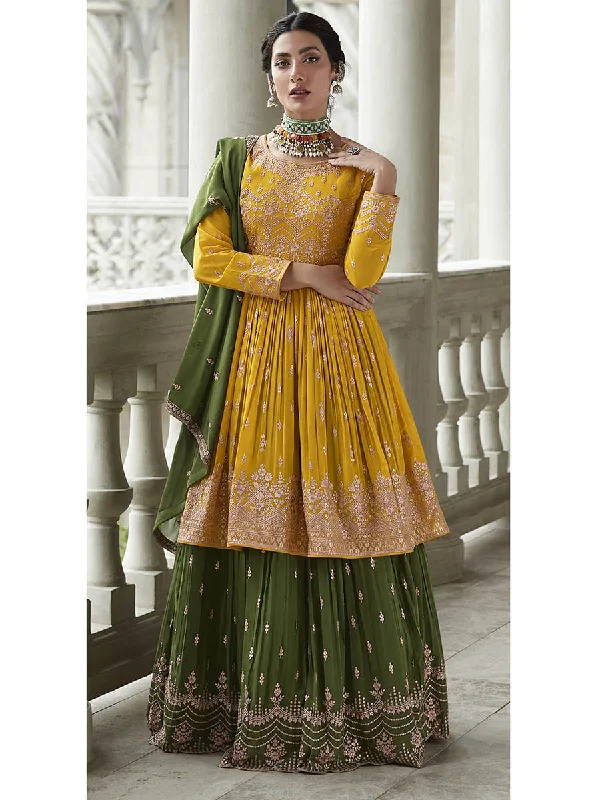 Myra Mehendi and Mustard Yellow Georgette Skirt Style Embroidered Suit low waist skirt