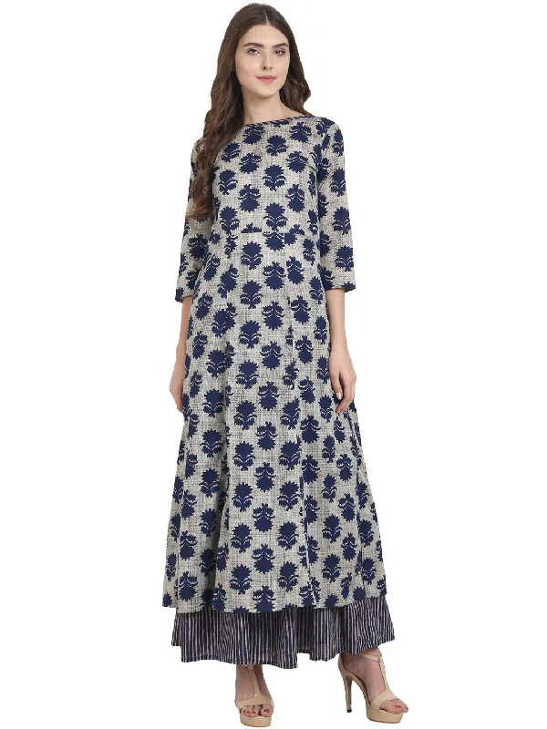 NOZ2TOZ Blue Printed Cotton Long A-Line Kurta With Blue Printed Anarkali Skirt silk skirt lustrous