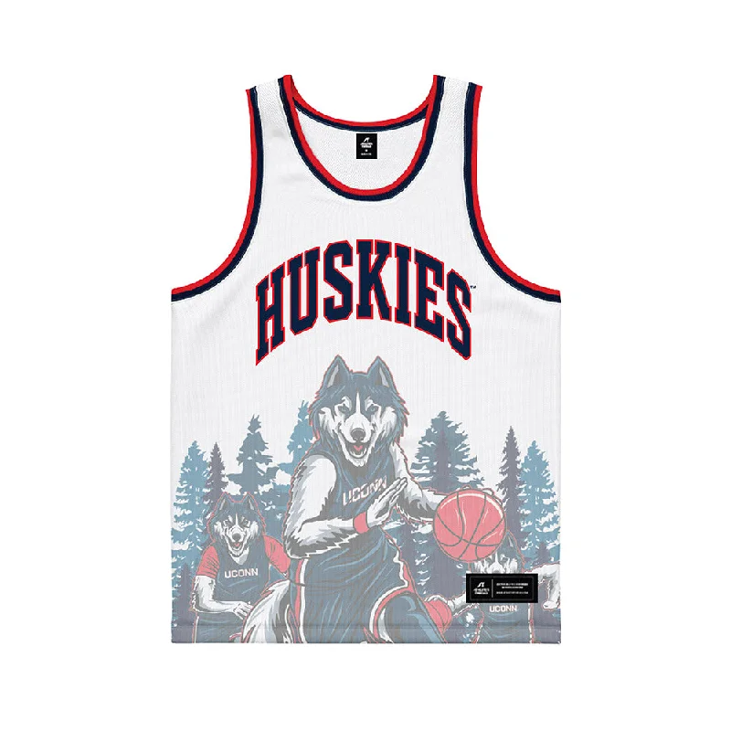 UConn - NCAA Women's Basketball : Kamorea Arnold - Ball is Life Huskies in the Woods White Fashion Basketball Jersey Designer Jersey Tee