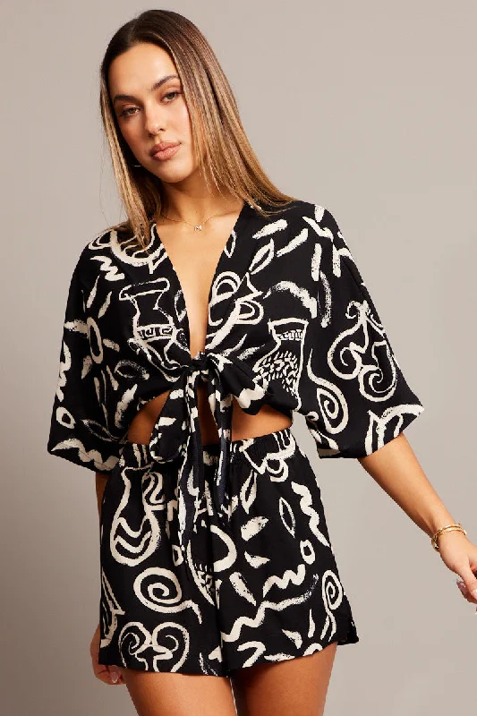 Black Abstract Tie Up Bolero Short Sleeve