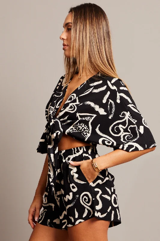 Black Abstract Tie Up Bolero Short Sleeve