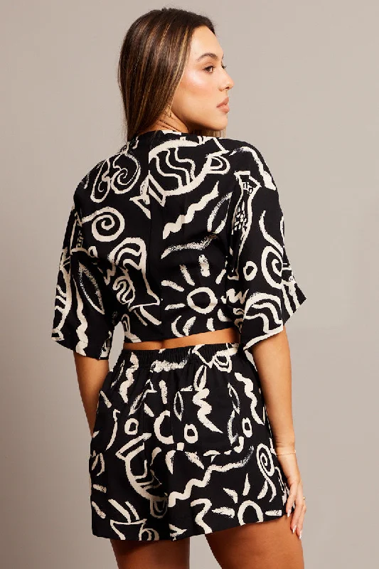 Black Abstract Tie Up Bolero Short Sleeve