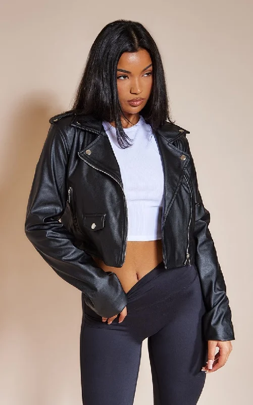 BLACK BASIC FAUX LEATHER BIKER JACKET