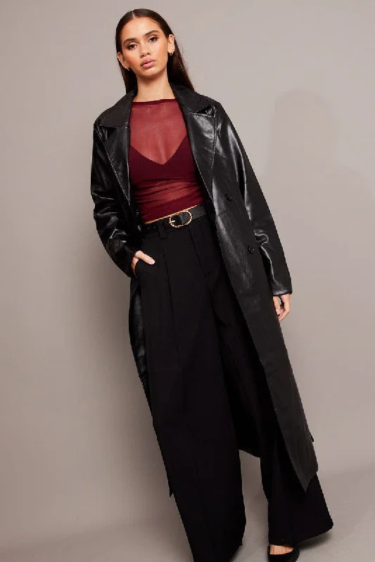 Black Trench Coat Long Sleeves Faux Leather